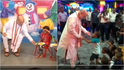 amit shah Gandhinagar met children of Anganwadi visited gaming zone