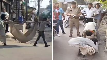 Video of two people carrying a woman s body with the help of sticks in Prayagraj UP goes viral