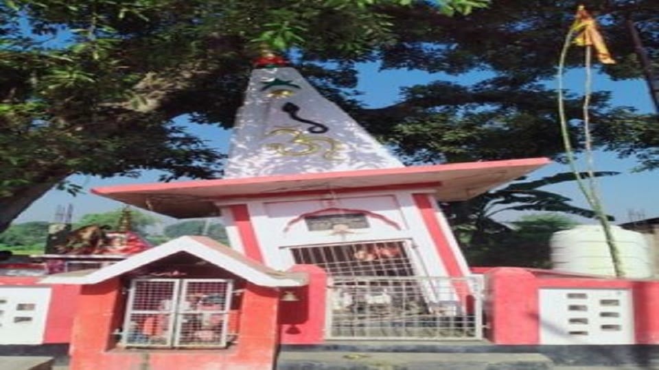 Temple tilted two feet people gathered to see it in Lakhimpur kheri