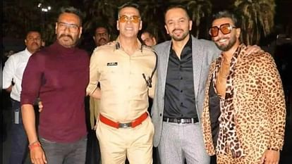 Singham Again Ajay Devgn Akshay Kumar Ranveer Singh Rohit Shetty pose for camera in hyderabad photo goes viral