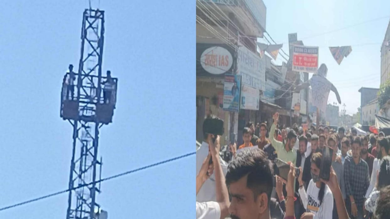 DAV College Students angry over girl death due to Wall collapse climb Tower demanding principal resignation