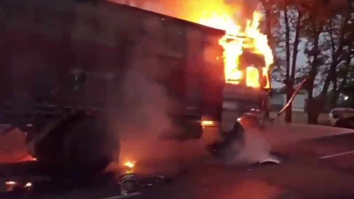 Truck catches fire after colliding with car in Moga