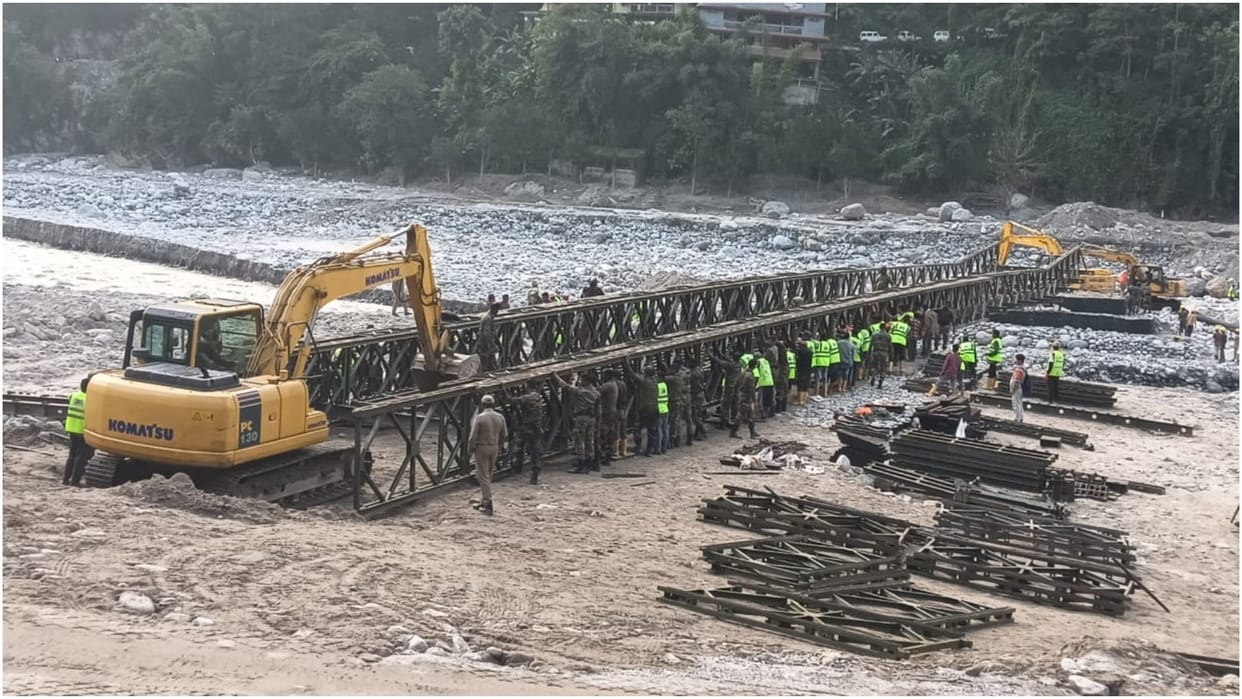 Work continues to restore connectivity with North Sikkim One of two bailey bridges on Teesta river ready