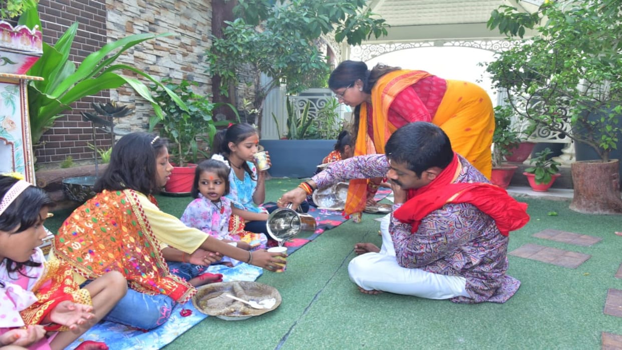 Minister Nandi and Abhilasha performed Kanya Puja on Mahanavami, got blessings by washing their feet.