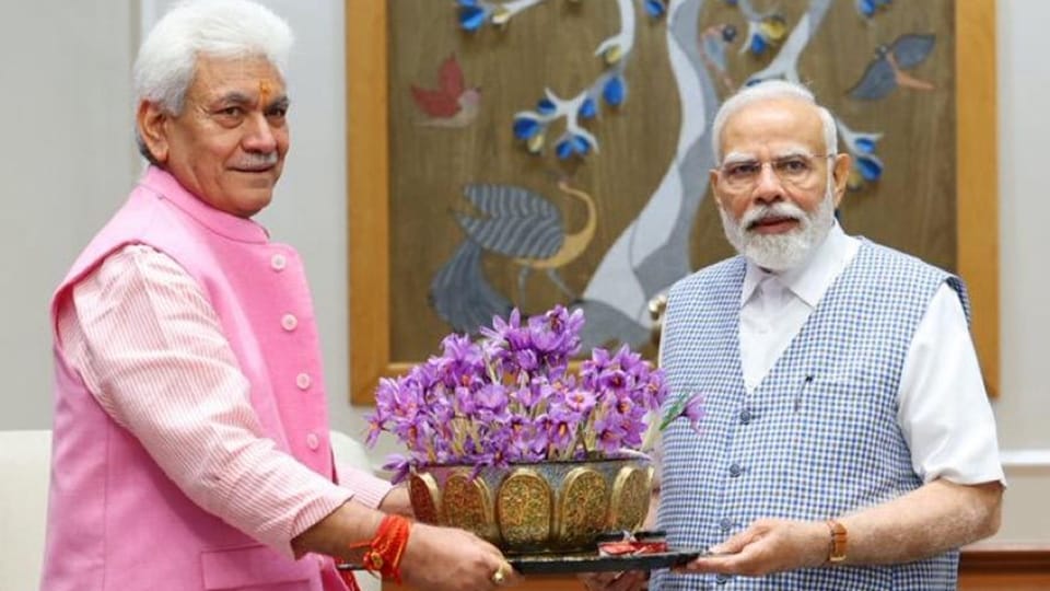 lg manoj sinha met pm narendra modi Presented Saffron Flower known as Kong Posh