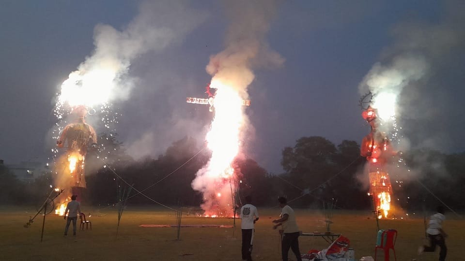 Ravana, Kumbhakarna and Meghnad lit up in flames in Punjab Muktsar, victory of good over evil