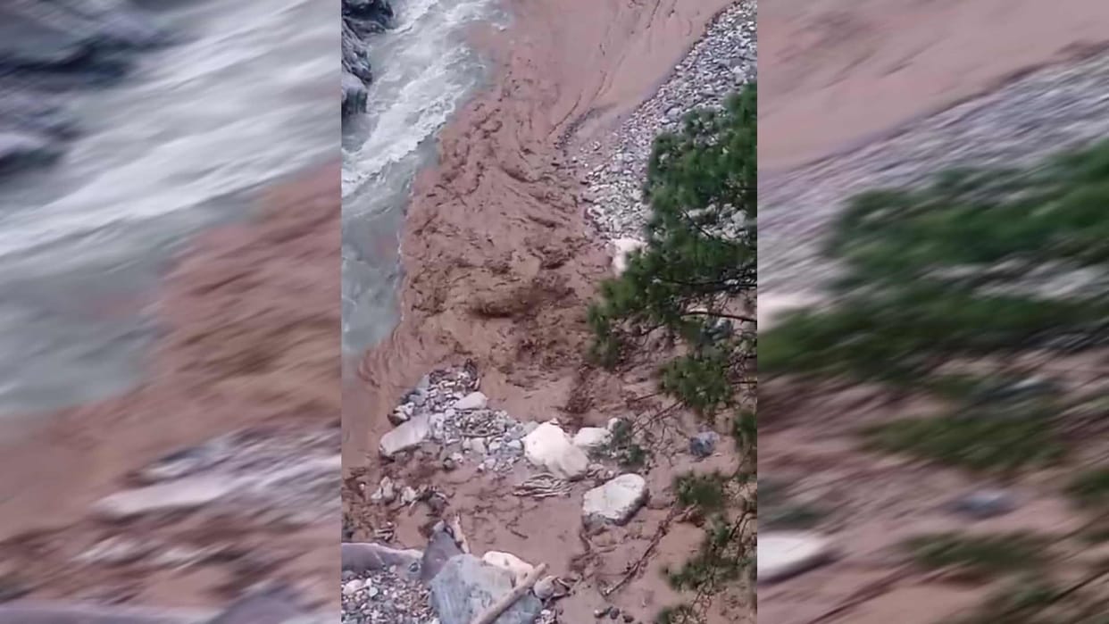 Landslide happening in Dewal Kunwari village Chamoli water of Pindar river muddy since four months Uttarakhand