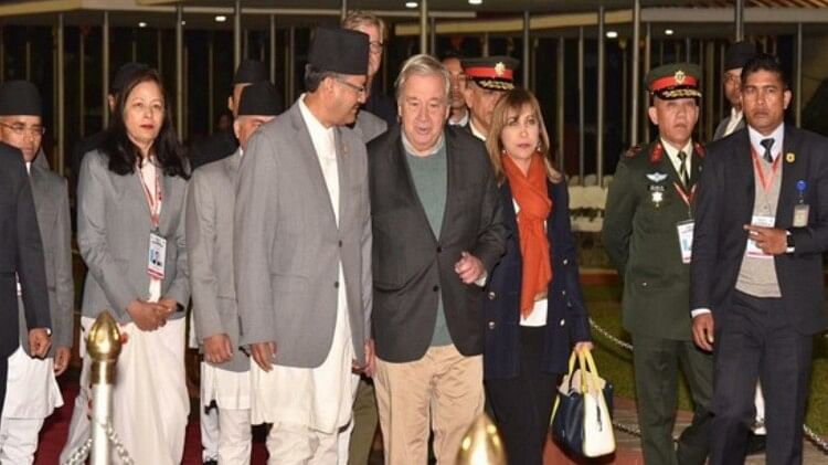 UN Chief Antonio Guterres Nepal visit NP Saud welcomed at Tribhuvan Airport in Kathmandu