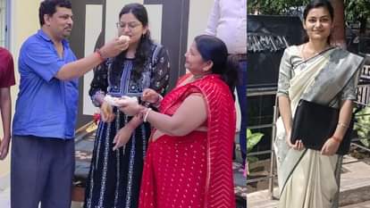 नीतू कुमारी को मिठाई खिलाते उनके अभिभावक (बाएं) और सौरभ सुमन (दाएं)।