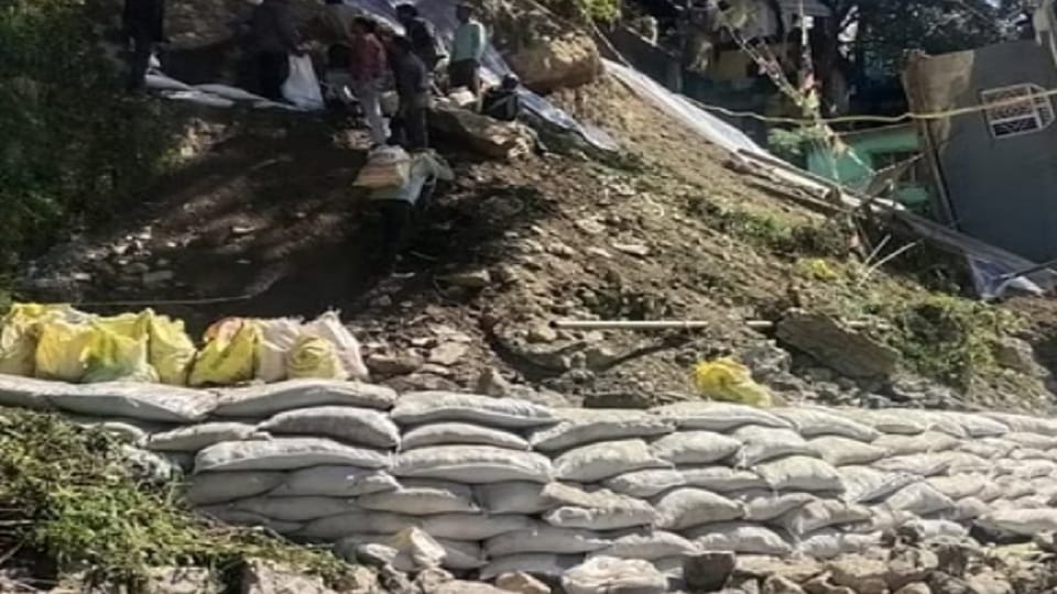 PWD installed a wall of geo bags to prevent landslides in the hill of Chartan Lodge nainital