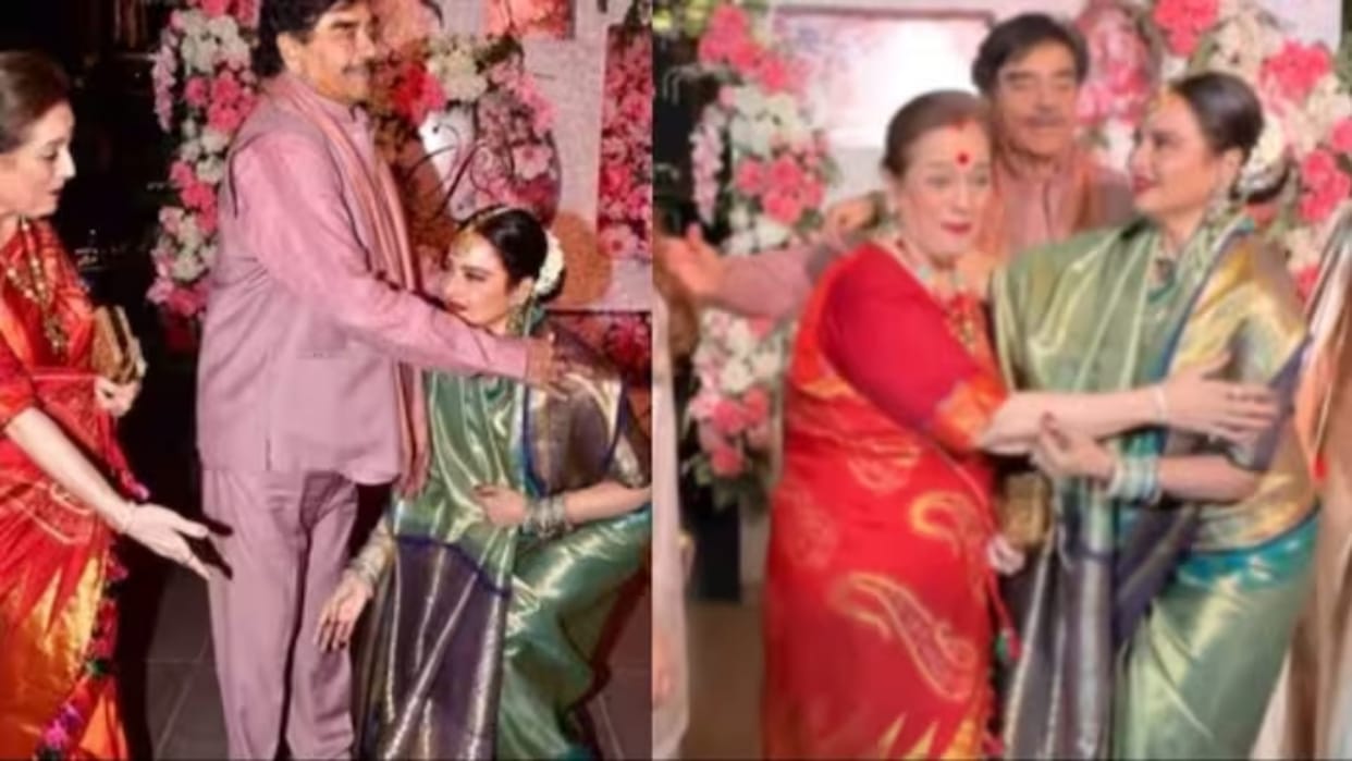 Rekha Touches Shatrughan Sinha feet as they meet at a Leslie Timmins Saachi Nayak wedding Reception in Mumbai