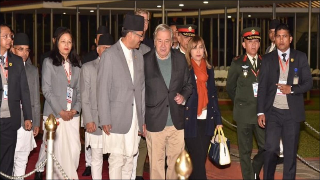 UN Chief Antonio Guterres Nepal visit NP Saud welcomed at Tribhuvan Airport in Kathmandu