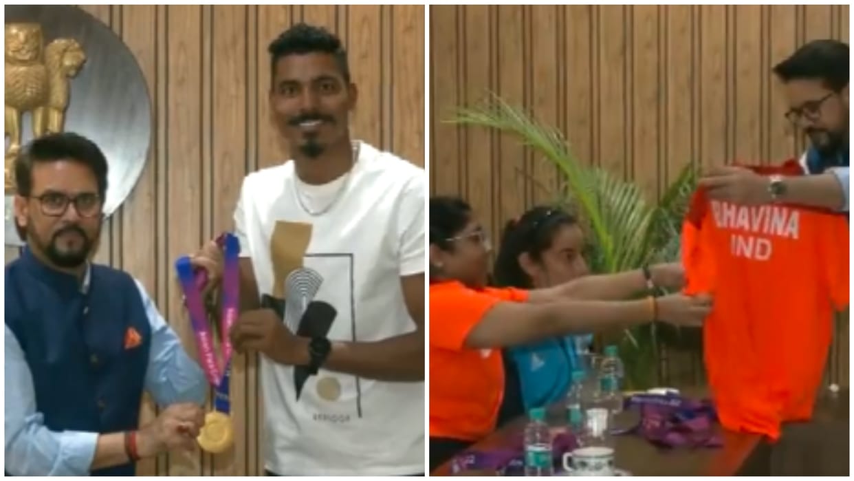 Sports Minister Anurag Thakur felicitates and interacts with players who participated in Asian Para Games 2023