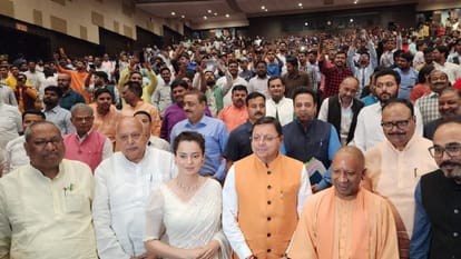 UP Cabinet along with CM Yogi Adityanath and Kangana Ranaut watch film Tejas in Lucknow.