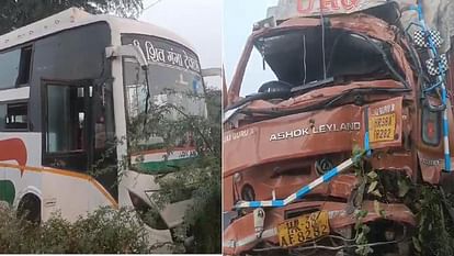 Container hits sleeper bus in Jattari Aligarh two die on spot