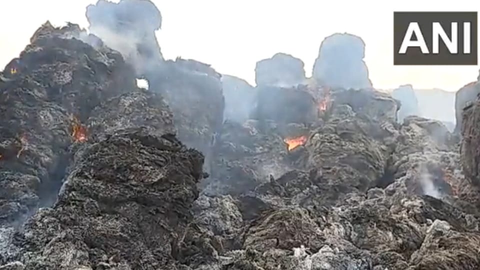 Fire broke out in an open storage of stubble in village in Firozpur