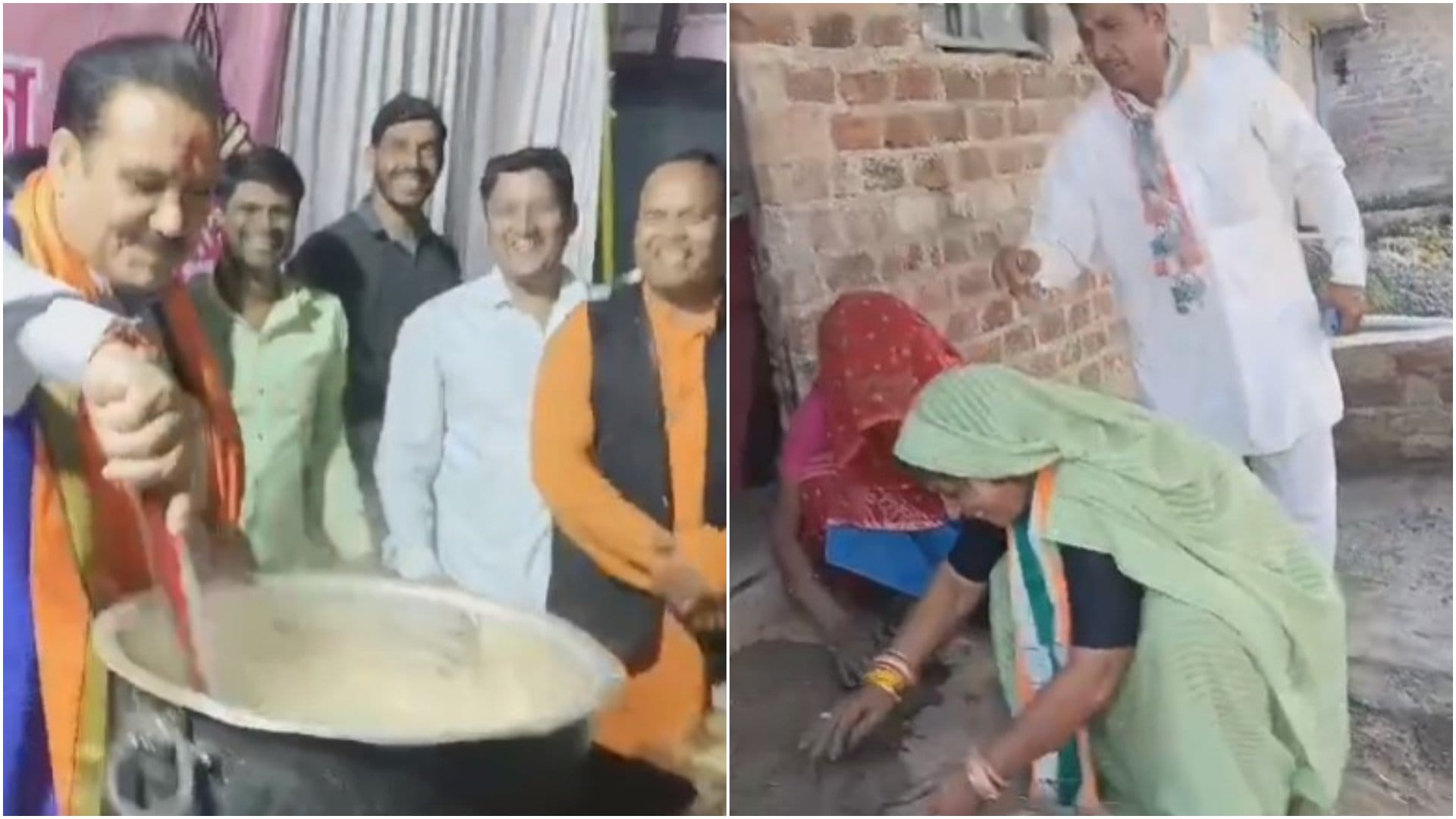 चाय बनाते भाजपा नेता और गारा छापतीं कांग्रेस कार्यकर्ता