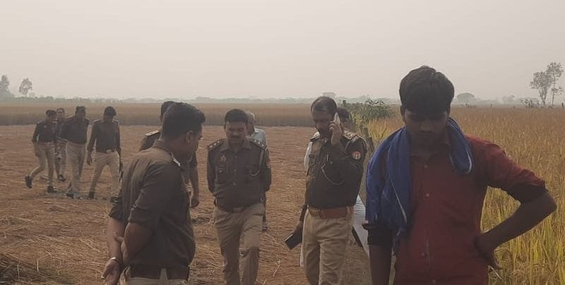 Four bones of skull and other organs found in the field, suspected to be a woman due to long hair