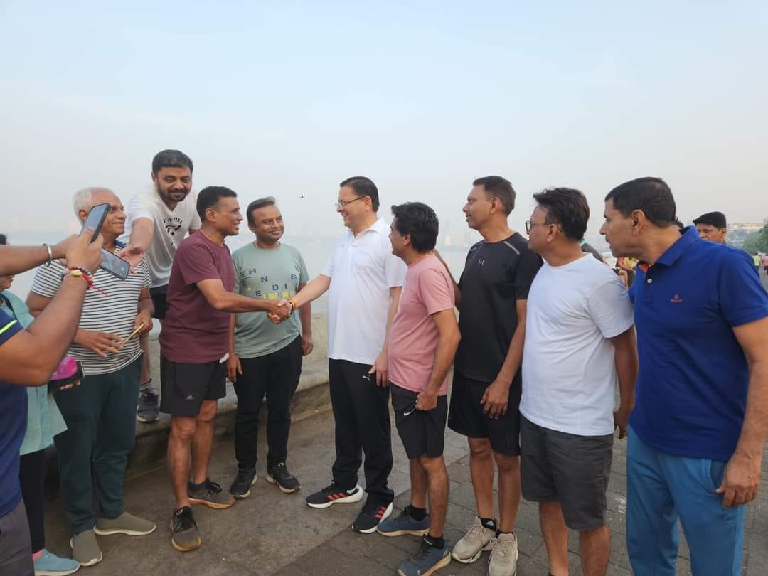 Uttarakhand CM Dhami Doing morning walk in Mumbai did yoga near beach meet people