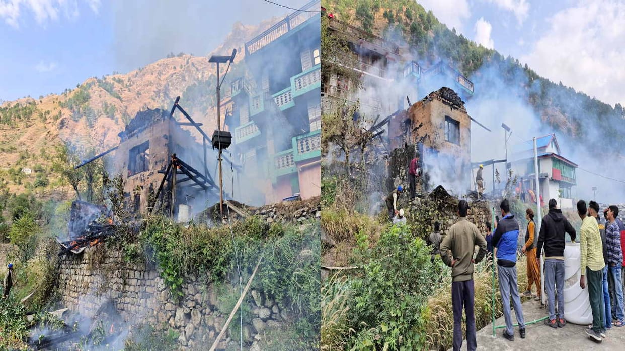 A house burnt to ashes in Thuari village of Larji