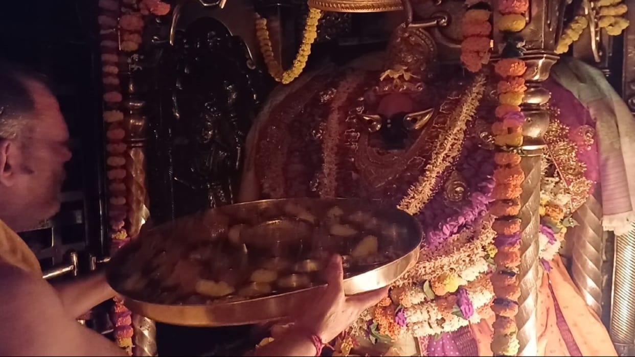 Mother Vindhyavasini worshiped in the form of Mahalakshmi, adorned with lotus and gem studded necklace