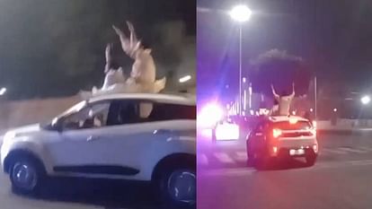 Youth performed stunts by opening sunroof and sitting on roof of car on highway in Agra