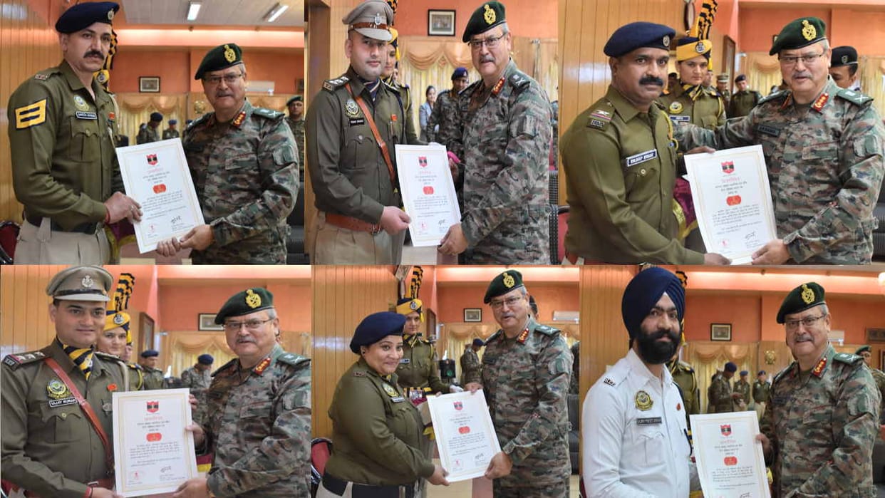Seven police officers including SP Gandhi honored with Army Commander Disc and Commendation Certificate