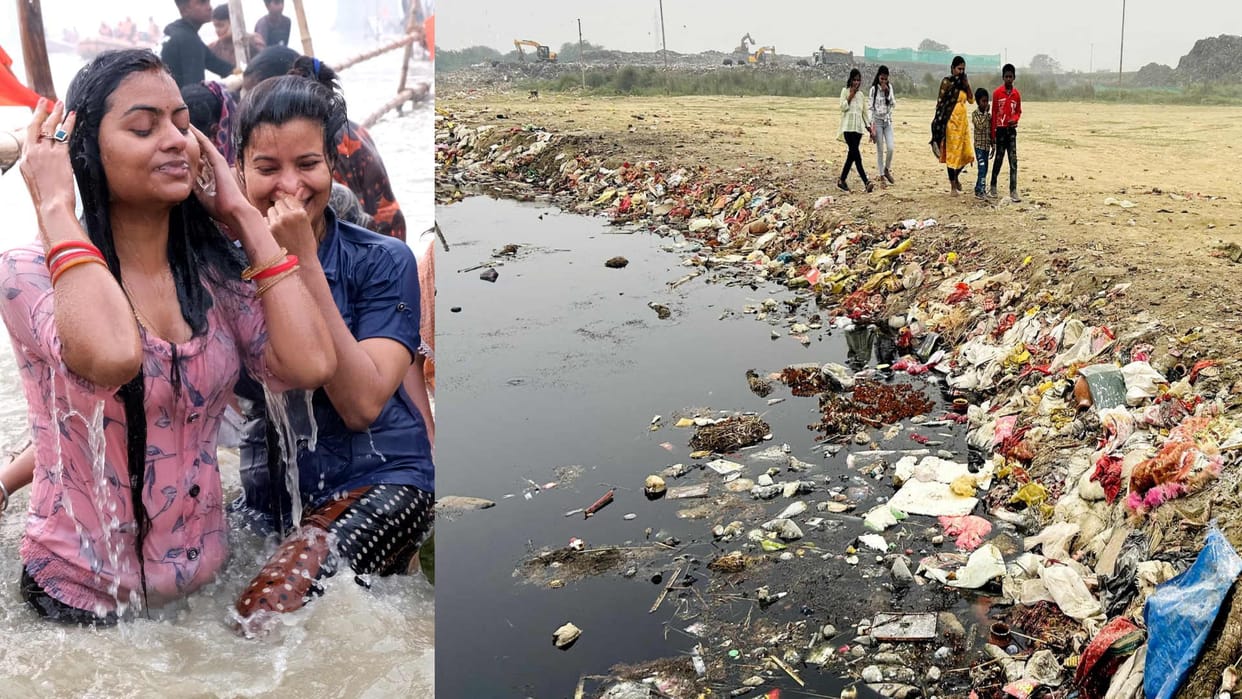 Rajghat Devotees took a dip in Rapti by covering their noses.