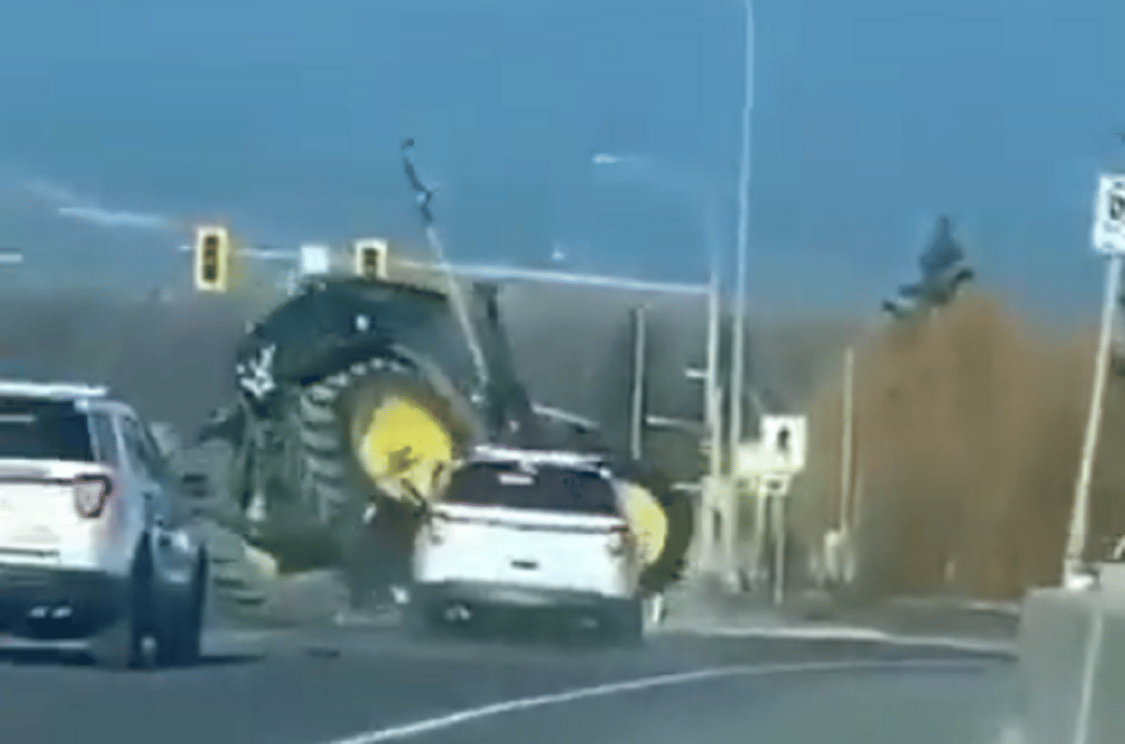 Police SUV chase farm tractor ended up overturning on highway Viral Video