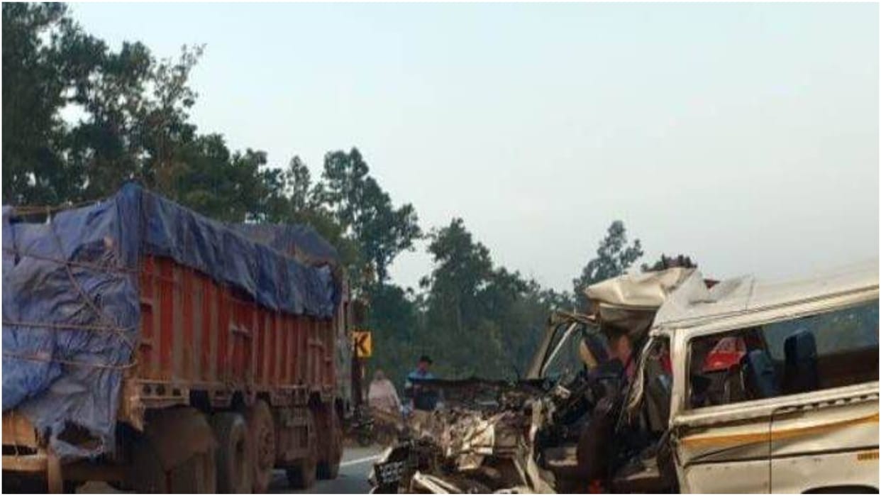 A vehicle hits stationary truck on highway in Keonjhar district Odisha