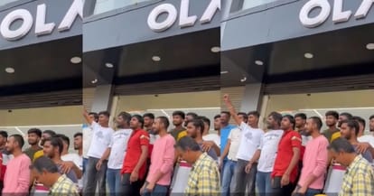 Dissatisfied Ola electric scooter customers protest in front of Ola showroom in Hubbali
