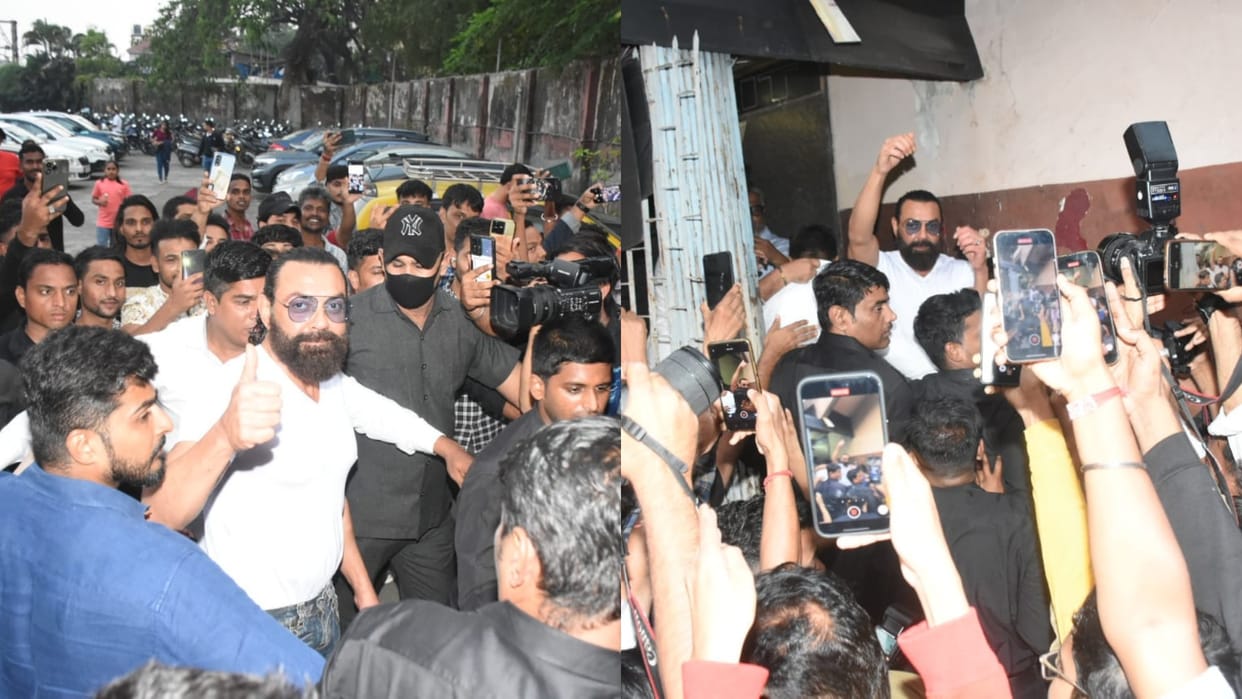 Animal villain Bobby Deol surrounded by Fans As He Visits Mumbai Theatre To Feel Audience for Ranbir Kapoor