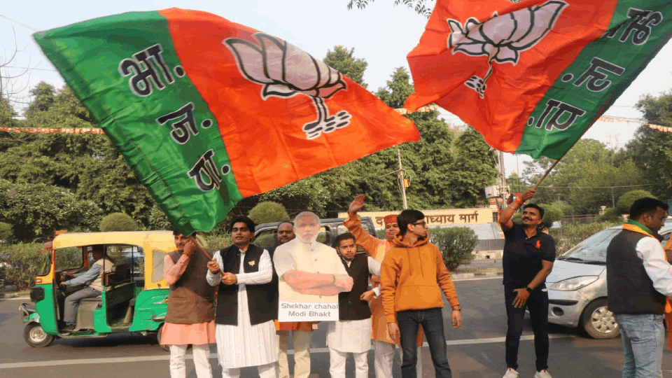 BJP workers celebrate in Delhi after election victory in three states