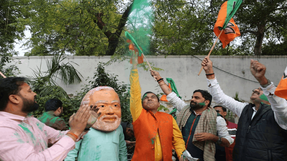 BJP workers celebrate in Delhi after election victory in three states