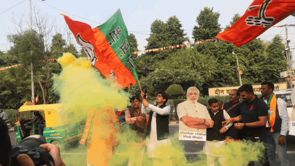 BJP workers celebrate in Delhi after election victory in three states