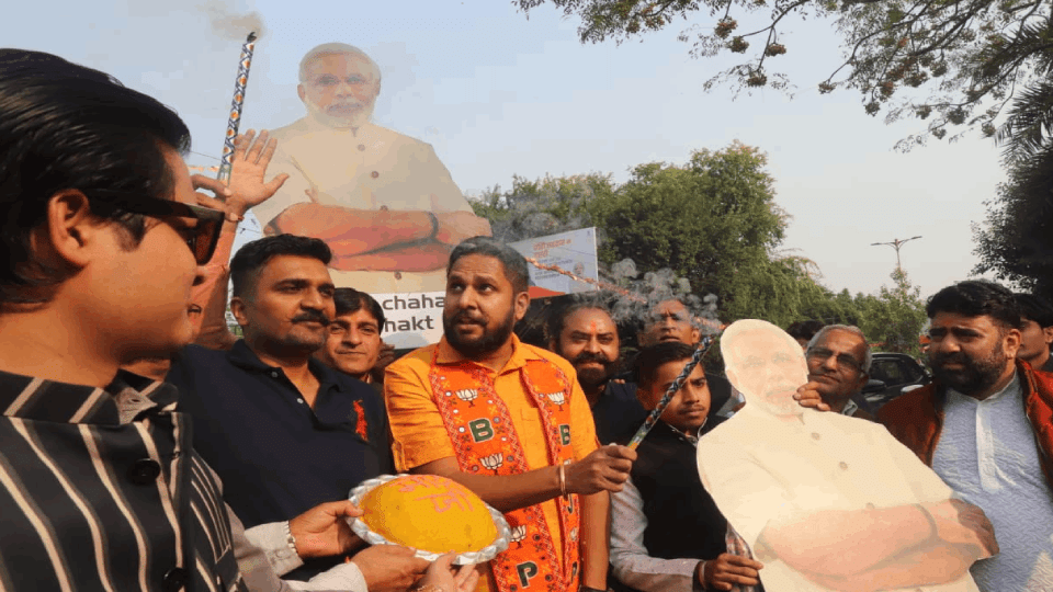 BJP workers celebrate in Delhi after election victory in three states