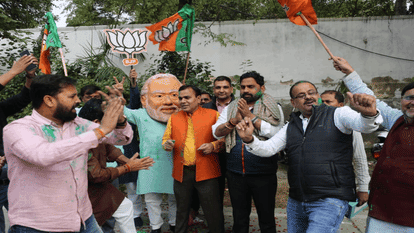 BJP workers celebrate in Delhi after election victory in three states
