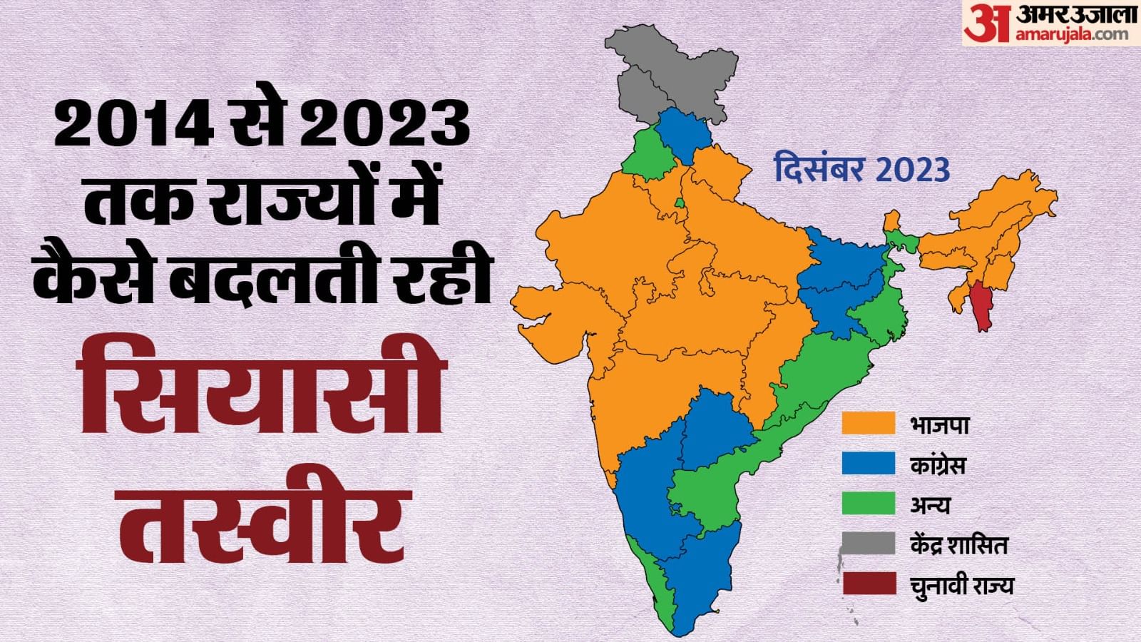 मध्य प्रदेश, राजस्थान, छत्तीसगढ़, तेलंगाना में विस चुनाव के बाद दिसंबर, 2023 में देश का राजनीतिक मैप