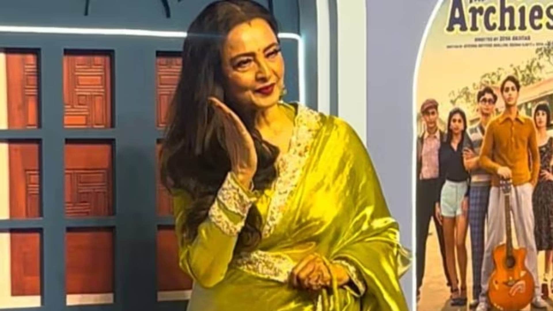 the archies premiere rekha attends amitabh Bachchan Grandson Agastya Nanda Film looks beautiful in Saree