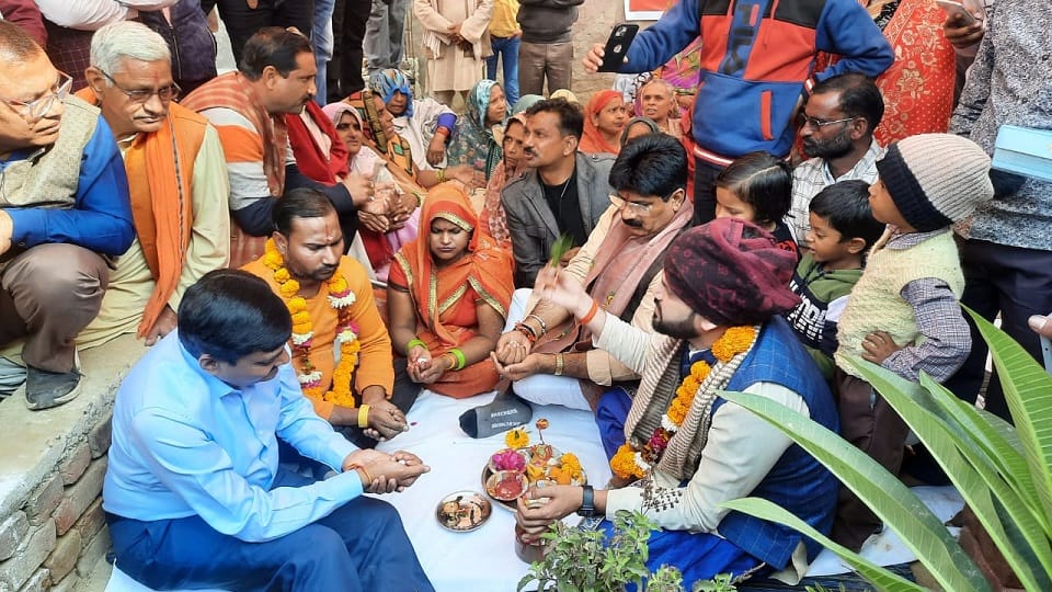Foundation stone laid by Bhoomi Pujan of the house of disabled couple