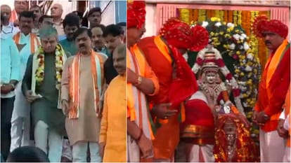 भाजपा नेताओं के मंदिर दर्शन, बाएं केंद्रीय मंत्री वैष्णव