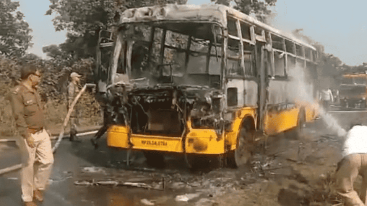 Fire broke out in the moving bus of school children going for picnic