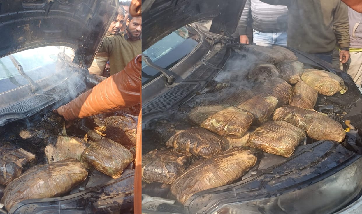 Delhi number car caught fire in Kanpur, huge amount of ganja was filled in the bonnet, two young men and women