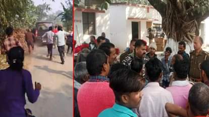 बांए से पुलिस को दौड़ाते ग्रामीण, लोगों को शांत कराते अधिकारी।