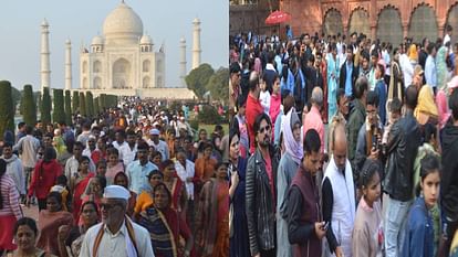 Crowd of tourists gathered to see Taj Mahal on weekend in Agra