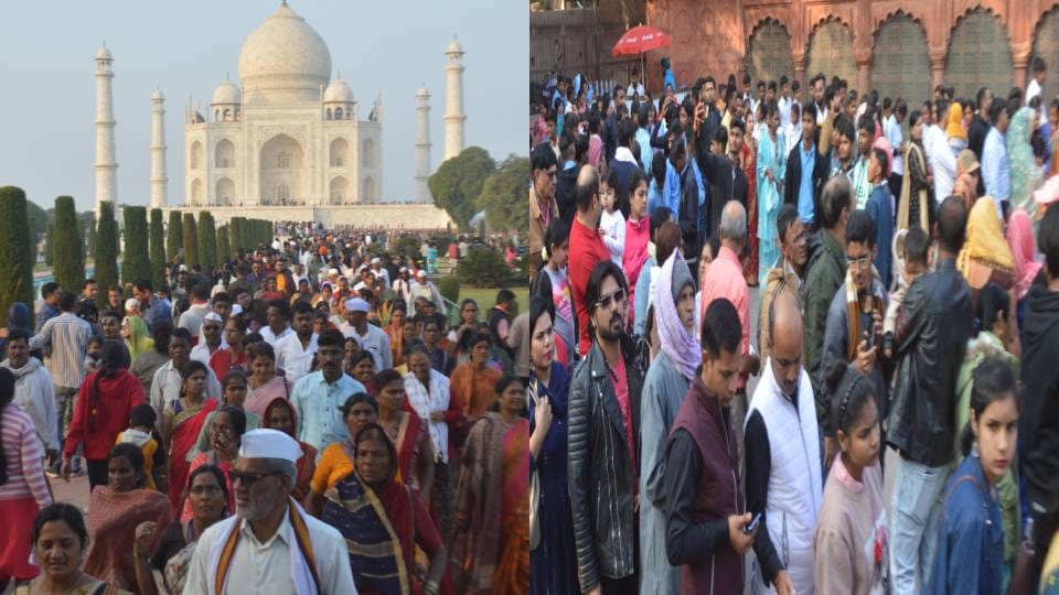 Crowd of tourists gathered to see Taj Mahal on weekend in Agra