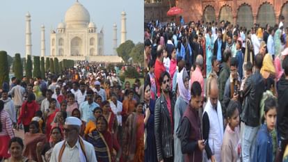 Agra: वीकेंड में ताज पर उमड़े पर्यटक, टोकन लेने को करना पड़ा इंतजार; महिला की बिगड़ी तबीयत Crowd of tourists gathered to see Taj Mahal on weekend in Agra