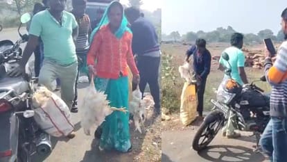 The vehicle full of chickens overturned, someone put it in a sack and someone ran away with it in their hands