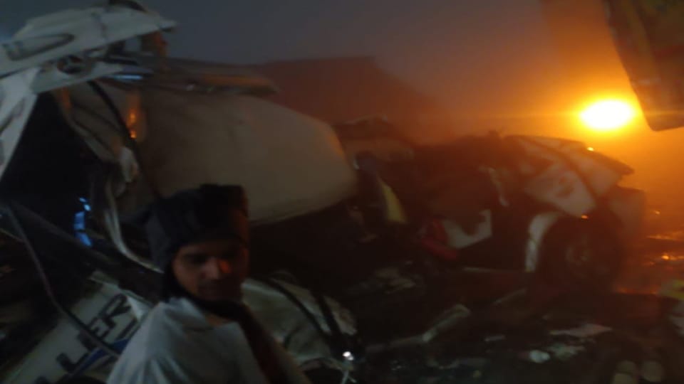 Road accident on peripheral in Baghpat dense fog traveler bus rammed into a parked truck