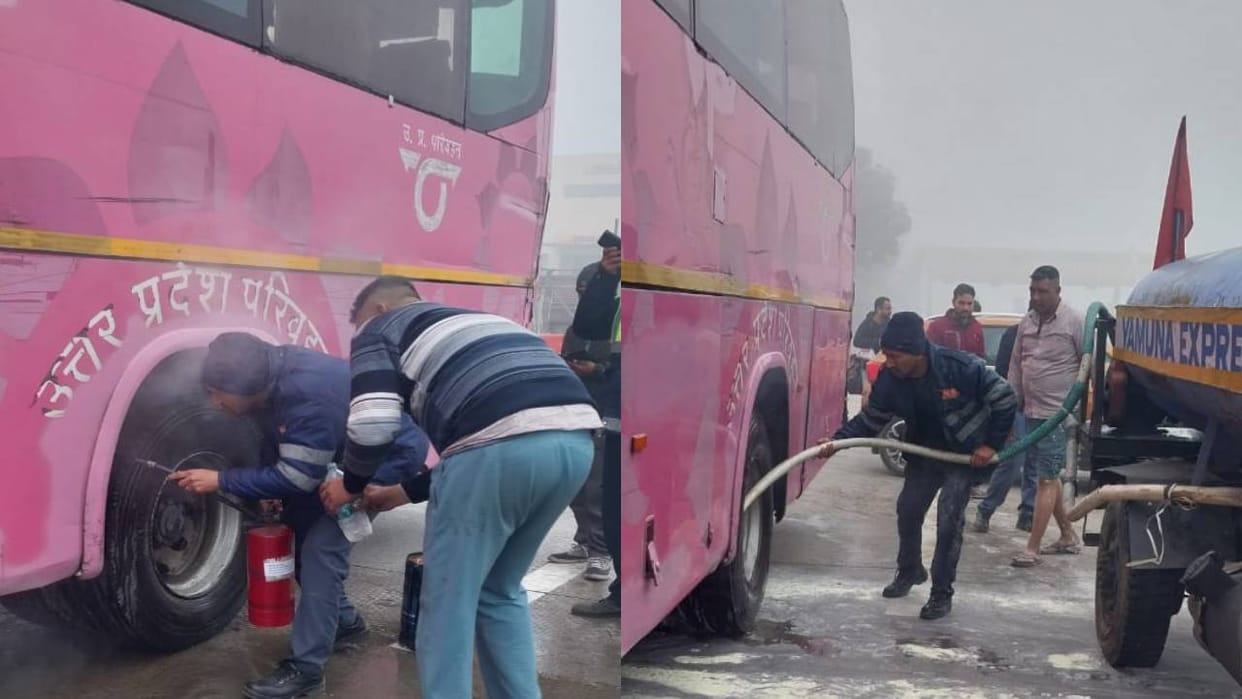 Tires of pink bus caught fire on Yamuna Expressway full of passengers in Agra